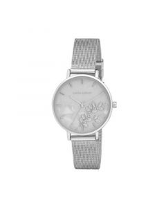 Women's Engraved Floral Printed Silver-Tone Alloy Mesh Band Watch 34mm