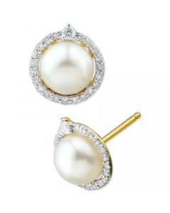 Cultured Freshwater Pearl (6mm) & Diamond (1/6 ct. t.w.) Halo Stud Earrings in 14k White Gold