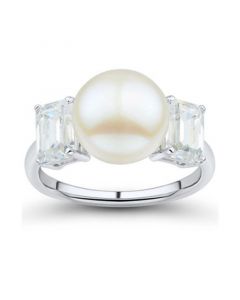 Cultured Freshwater Pearl (10mm) & Cubic Zirconia Baguette Ring in Sterling Silver