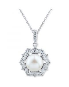 Cultured Freshwater Pearl (9mm) & Cubic Zirconia Halo 18" Pendant Necklace in Sterling Silver