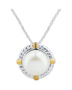 Cultured Freshwater Pearl (9mm) Rope-Framed 18" Pendant Necklace in Sterling Silver and 10k Gold