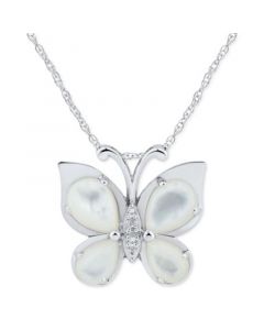 Mother-of-Pearl & White Topaz Accent Butterfly 18" Pendant Necklace in Sterling Silver