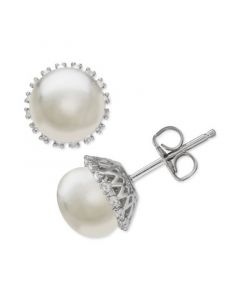 Cultured Freshwater Pearl (8mm) & Diamond (1/10 ct. t.w.) Stud Earrings in Sterling Silver