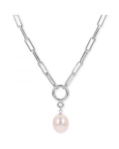 Cultured Freshwater Pearl (10mm) 24" Paperclip Pendant Necklace in Sterling Silver