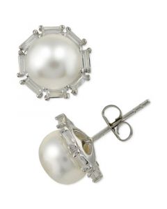 Cultured Freshwater Pearl (8mm) & White Topaz (3/4 ct. t.w.) Stud Earrings in Sterling Silver