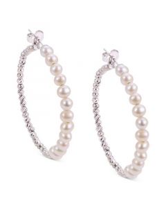 Cultured Freshwater Pearl (4-4-1/2mm) Medium Hoop Earrings in Sterling Silver, 1.58"