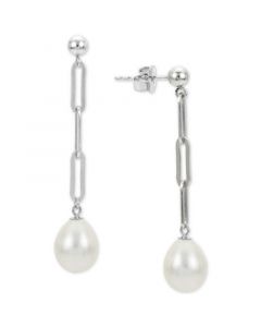 Cultured Freshwater Pearl (9mm) Paperclip Chain Drop Earrings in Sterling Silver