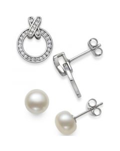 2-Pc. Set Cultured Freshwater Pearl (8mm) & Cubic Zirconia XO Stud Earrings in Sterling Silver