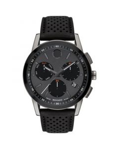 Men's Swiss Chronograph Museum Sport Black Perforated Leather Strap Watch 43mm