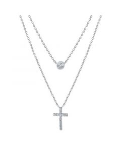 Double Layered 16" + 2" Cubic Zirconia Solitaire and Cross Chain Necklace in Sterling Silver