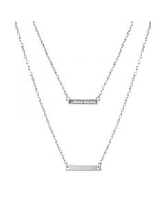 Double Layered 16" + 2" Cubic Zirconia Double Bars Chain Necklace in Sterling Silver