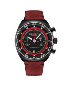 Men's Chrono Red Genuine Leather Strap Watch with Tachymeter 44mm