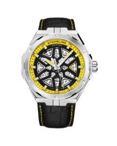 Men's Automatic Black Alligator Embossed Genuine Leather Strap with Yellow Stitching Watch 44mm