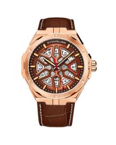 Men's Automatic Brown Alligator Embossed Genuine Leather Strap with White Stitching Watch 44mm