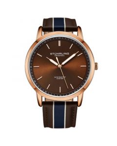 Men's Quartz Dark Brown and Blue Striped Genuine Leather Strap Watch 44mm