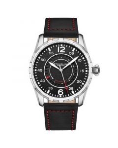 Men's Quartz Black Genuine Leather with Red Contrast Stitching Strap Watch 44mm