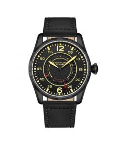 Men's Quartz Black Genuine Leather Strap Watch 44mm