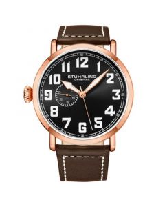 Men's Quartz Dark Brown Genuine Leather with White Contrast Stitching and Rose Gold-Tone Tang Buckle Strap Watch 45mm