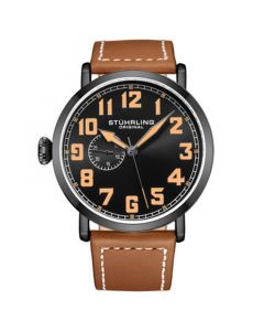 Men's Quartz Tan Genuine Leather with White Contrast Stitching Strap and Black Tang Buckle Watch 45mm