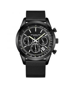 Men's Quartz Chronograph Date Black Stainless Steel Mesh Bracelet Watch 44mm