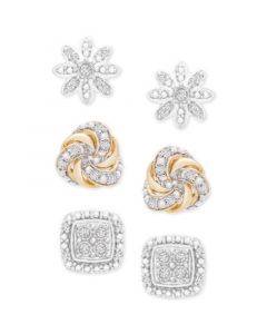 3-Pc. Diamond Stud Earrings Set (1/4 ct. t.w.) in Sterling Silver & 14k Gold-Plate