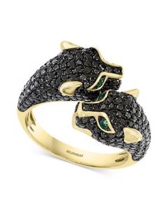 EFFY® Black Diamond (1-1/2 ct. t.w.) & Emerald (1/20 ct. t.w.) Double Panther Head Ring in 14k Gold