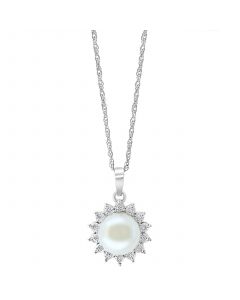 EFFY® Cultured Freshwater Pearl (7 mm) & Diamond (1/20 ct. t.w.) Halo 18" Pendant Necklace in Sterling Silver