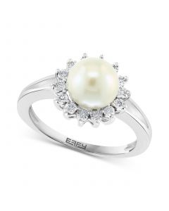 EFFY® Cultured Freshwater Pearl (7mm) & Diamond (1/20 ct. t.w.) Halo Ring in Sterling Silver