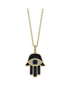 EFFY® Diamond (1/2 ct. t.w.) & Sapphire (1/20 ct. t.w.) Hamsa Hand 18" Pendant Necklace in 14k Gold