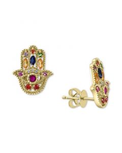 EFFY® Multi-Sapphire (1/2 ct. t.w.) & Diamond Accent Hamsa Hand Stud Earrings in 14k Gold