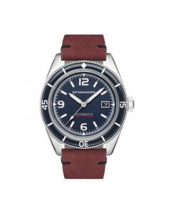 Men's Fleuss Automatic Red Genuine Leather Strap Watch, 43mm