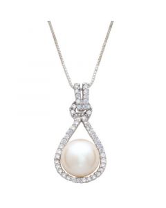 Cultured Freshwater Pearl (9mm) & Cubic Zirconia Slip Knot 18" Pendant Necklace in Sterling Silver