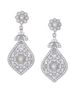 Cultured Freshwater Pearl (4 & 6mm) & Cubic Zirconia Filigree Drop Earrings in Sterling Silver