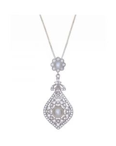 Cultured Freshwater Pearl (4 & 6mm) & Cubic Zirconia Vintage Filigree 18" Pendant Necklace in Sterling Silver