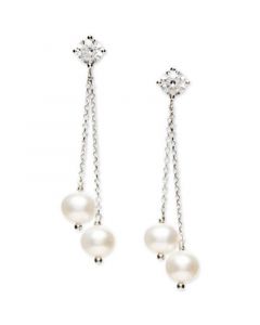 Cultured Freshwater Pearl (6-6-1/2mm) & Cubic Zirconia Double Chain Drop Earrings in Sterling Silver