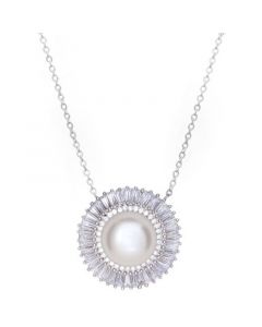 Cultured Freshwater Mabé Pearl (12mm) & Cubic Zirconia Baguette Pendant Necklace in Sterling Silver, 16" + 2" extender