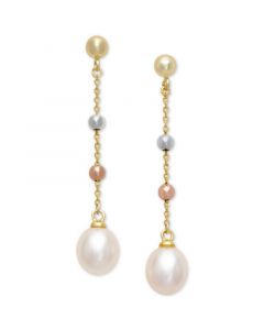 Cultured Freshwater Pearl (7x9mm) and Sliding Beaded Chain Drop Earrings in Sterling Silver, 18K Gold-Plate & 18k Rose Gold-Plate