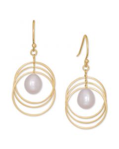 Cultured Freshwater Pearl (7-1/2x8mm ) Triple Circle Orbit Drop Earrings in 18k Gold-Plated Sterling Silver