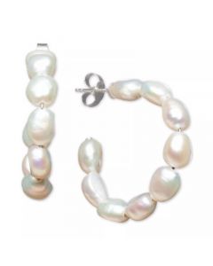 Cultured Freshwater Baroque Pearl (5-1/2 -6mm) Medium Hoop Earrings in Sterling Silver (Also available in White, Pink & Gray Pearls)