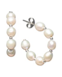 Cultured Freshwater Baroque Pearl (5- 5-1/2mm) & Polished Bead Small Hoop Earrings in Sterling Silver (Also available in White & Pink Pearls)