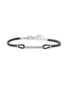 Diamond Accent Bar Black Cord Bracelet in Sterling Silver