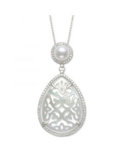 Cultured Freshwater Pearl (6mm), Carved Mother-of-Pearl, & Cubic Zirconia 18" Pendant Necklace in Sterling Silver