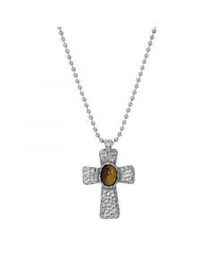 Men's Silver-Tone Tiger Eye Hammered Metal Cross Necklace