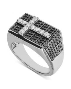 Men's Black & White Diamond Cross Ring (1-1/2 ct. t.w.) in Sterling Silver