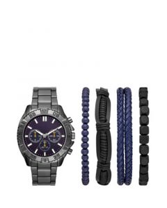 Men's Gunmetal Blue Dial Bracelet Watch Gift Set, 45mm