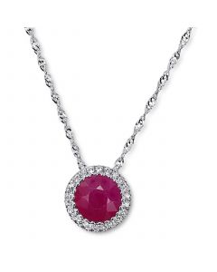 Ruby (1 ct. t.w.) & Diamond (1/20 ct. t.w.) Halo Pendant Necklace in 14k White Gold, 16" + 2" extender