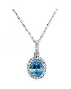 Blue Topaz (2-1/5 ct. t.w.) & Diamond (1/6 ct. t.w.) Oval Halo Pendant Necklace in 14k White Gold, 16" + 2" extender