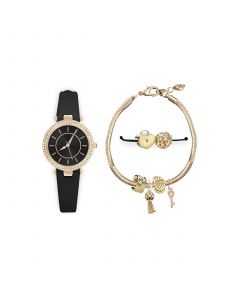 Women's Black Strap Analog Watch 26mm with Glam Gold-Tone Hearts and Keys Bracelet Cubic Zirconia Gift Set