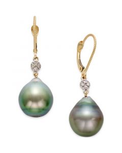 Cultured Tahitian Pearl (12mm) and Diamond Accent Drop Earrings in 14k Gold