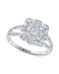 EFFY® Diamond Round & Baguette Halo Cluster Engagement Ring (1-1/20 ct. t.w.) in 14k White Gold